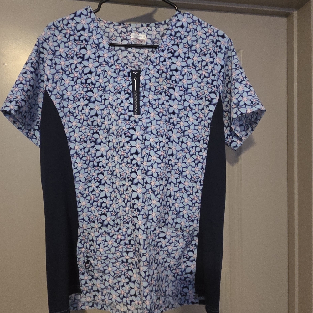 Floral Blue and Black Women's Scrub Top